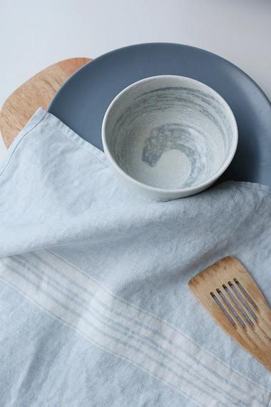 Mineral Blue linen kitchen towel with white ticking stripe
