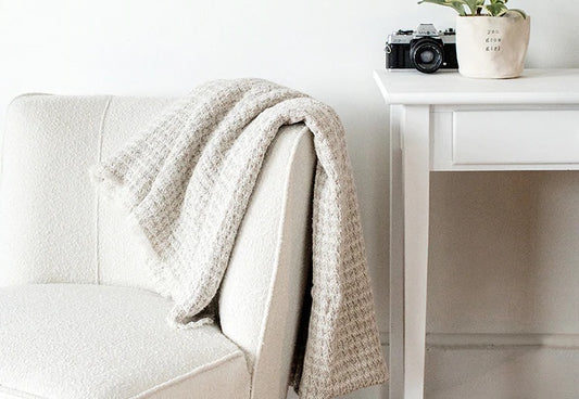 Textured Linen Throw with Fringe - Natural and Off White