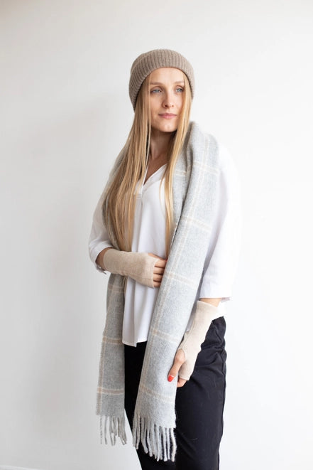 Soft Wool Scarf in Light Grey and Tan Check