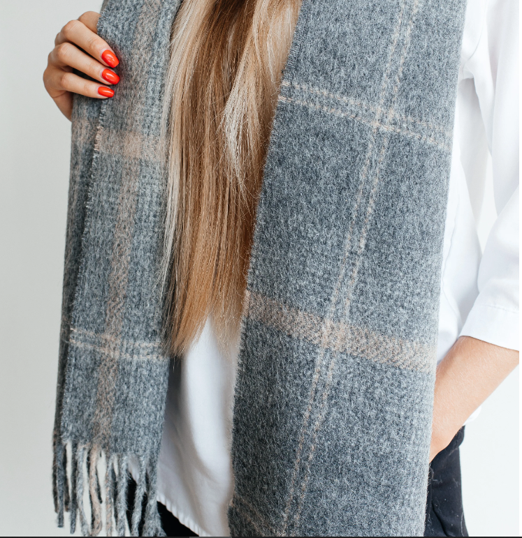 Soft Wool Scarf in Charcoal and Tan Plaid