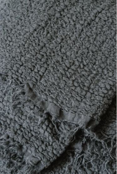 Stonewashed Linen Throw with Fringe - Sage Green, Grey and Chestnut