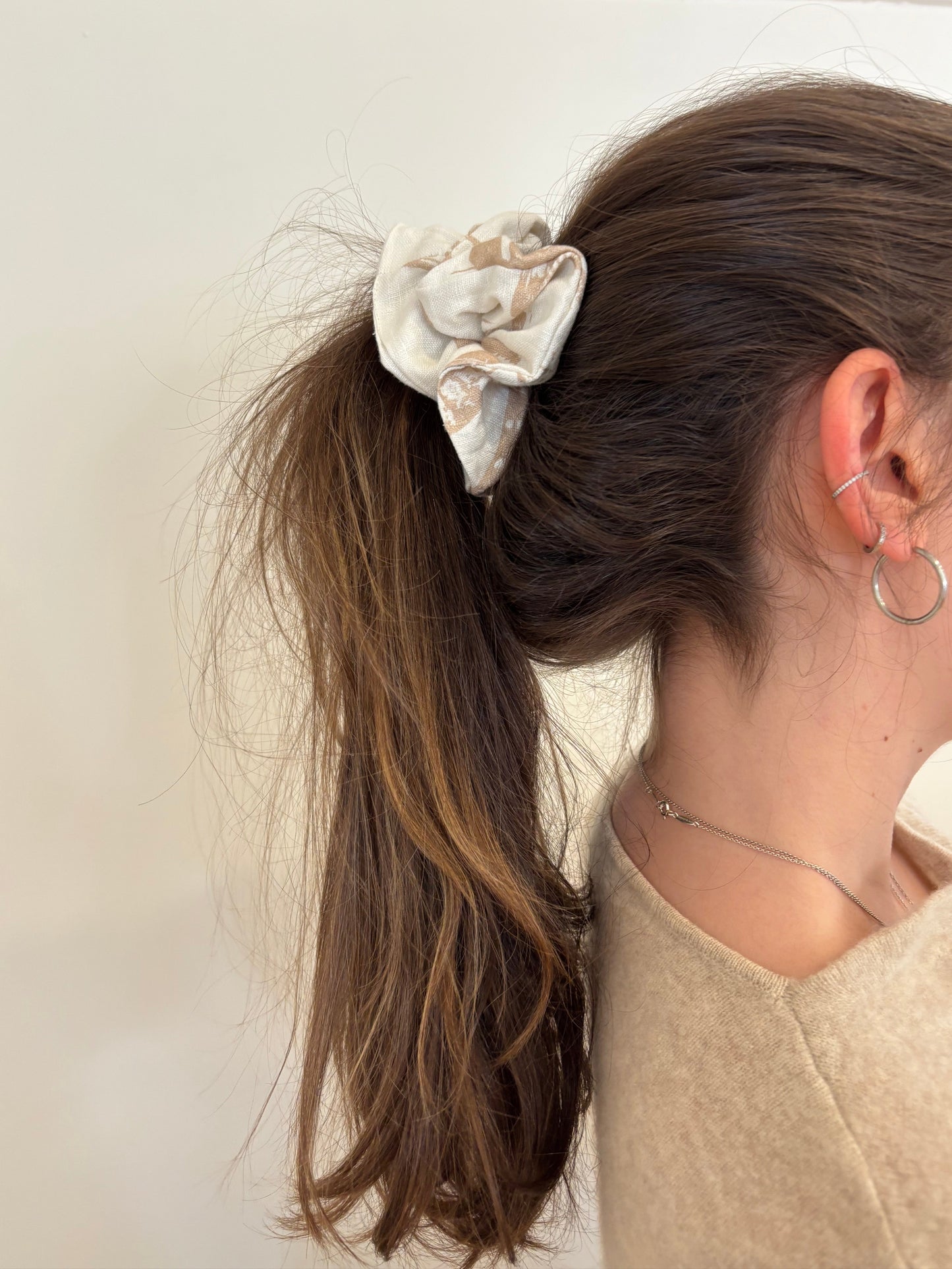 These Scrunchies are a big, beautiful and a fluffy 5 inch size. The soft cream and mocha Butterfly motif is crafted from Oeko-Tex certified linen. Handmade in Canada, the fabric is soft, breathable and perfect for protecting your hair. Produced without harmful chemicals, these linen Scrunchies are gentle on your hair and the environment!