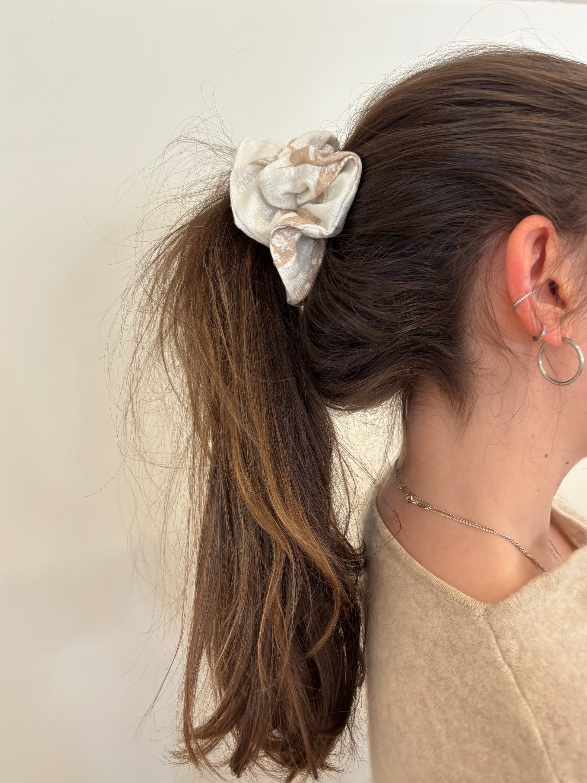 These Scrunchies are a big, beautiful and a fluffy 5 inch size. The soft cream and mocha Butterfly motif is crafted from Oeko-Tex certified linen. Handmade in Canada, the fabric is soft, breathable and perfect for protecting your hair. Produced without harmful chemicals, these linen Scrunchies are gentle on your hair and the environment!