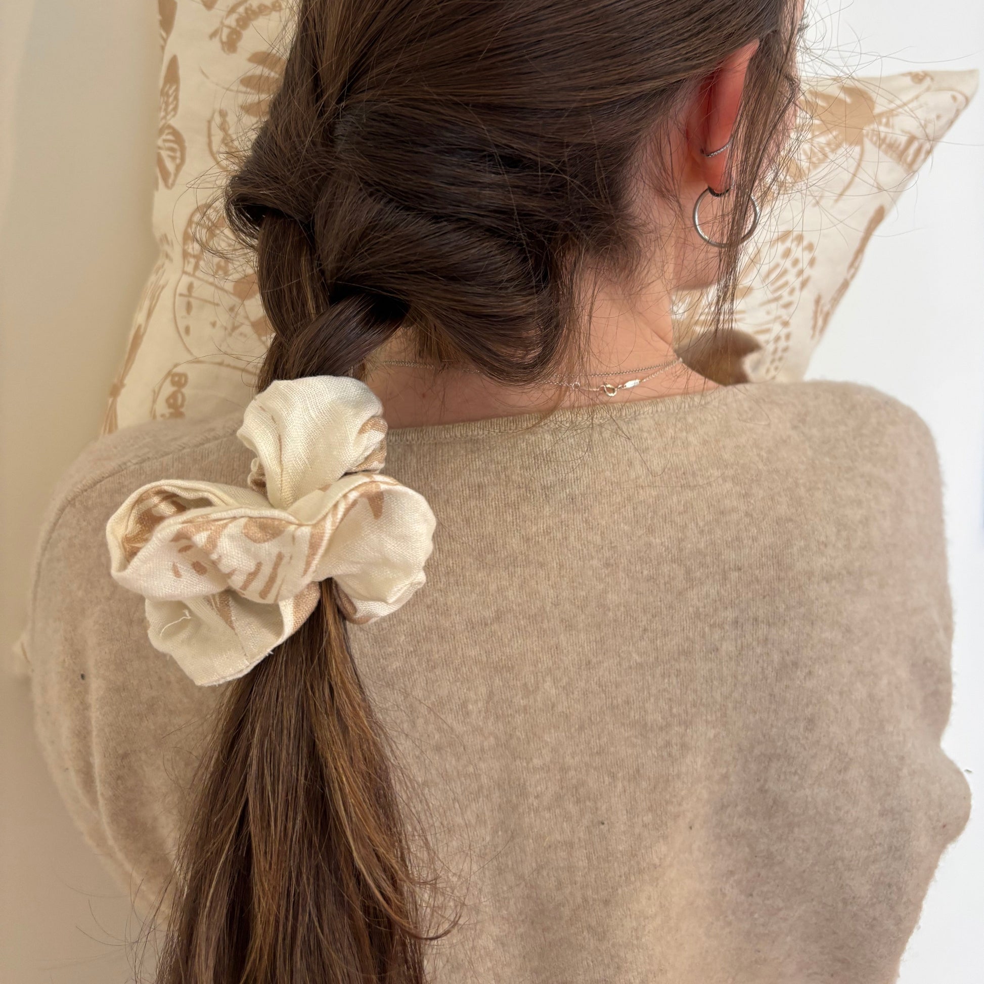 These Scrunchies are a big, beautiful and a fluffy 5 inch size. The soft cream and mocha Butterfly motif is crafted from Oeko-Tex certified linen. Handmade in Canada, the fabric is soft, breathable and perfect for protecting your hair. Produced without harmful chemicals, these linen Scrunchies are gentle on your hair and the environment!