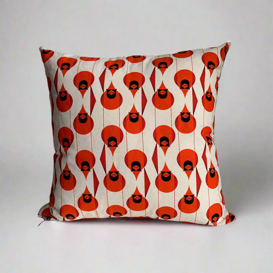 Charley Harper Cardinal Design , organic cotton canvas pillow in cream and red.  Exposed cream coloured YKK metal zipper with a leather suede pull.   22 x 22 inches