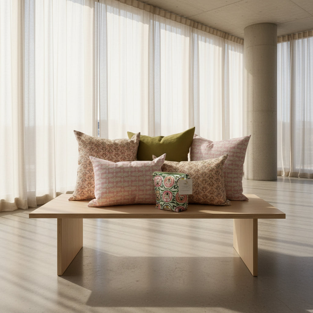 Group of Organic Cotton and linen pillows in soft pink, lush green patterns of birds, florals and grasses. Made in Canada