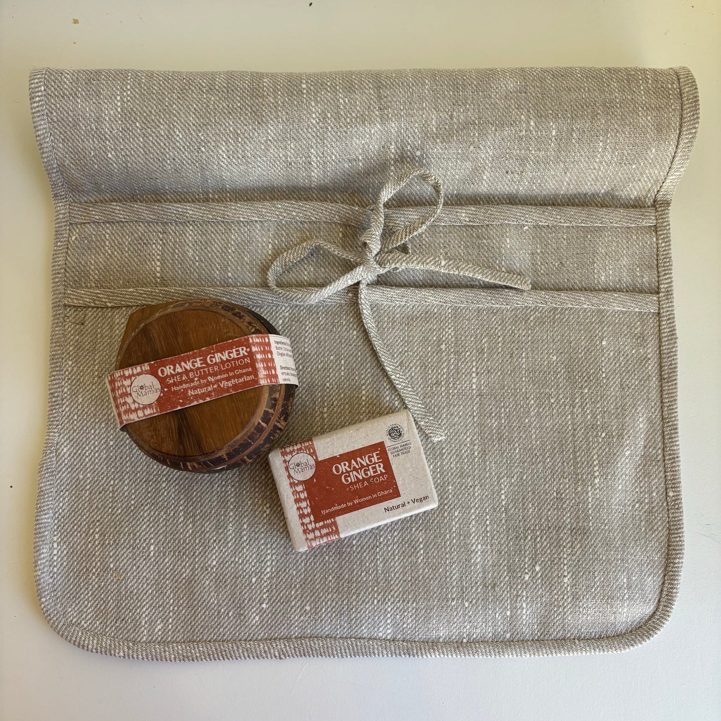 Natural Linen Travel Toiletry Bag with Shea Butter & Shea Soap Gift Set - Lavender