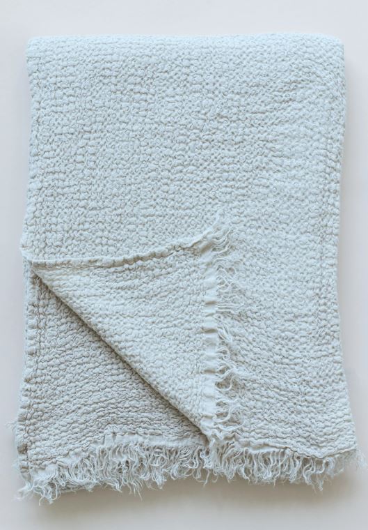 Mineral Blue coloured Stonewashed European linen throw with soft fringes