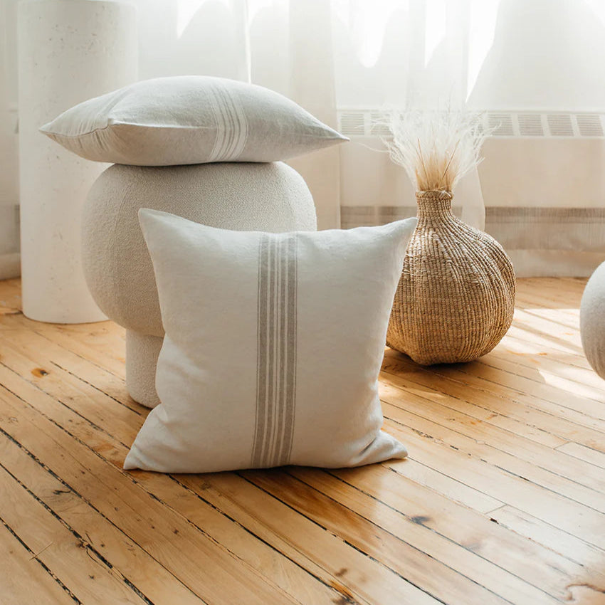 Stonewashed Linen Pillow 18 x18 - Beige with Cream Ticking Stripe and Exposed Zipper