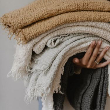 Stonewashed Linen Throw with Fringe - Sage Green, Grey and Chestnut