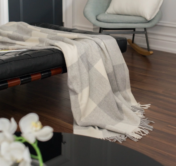 Soft and Sustainable Smoke and Ivory Wool Plaid Throw