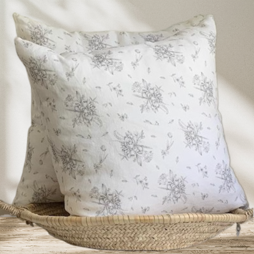 These stunning 100% linen pillow covers are made from the finest Oeko-Tex® certified linen in warm white and Dark Grey florals. With an exposed metal zipper, this linen has been washed to produce a soft to the touch finish and reduced shrinking. They are luxurious yet casual, a classic that will accentuate any home, office or cottage.