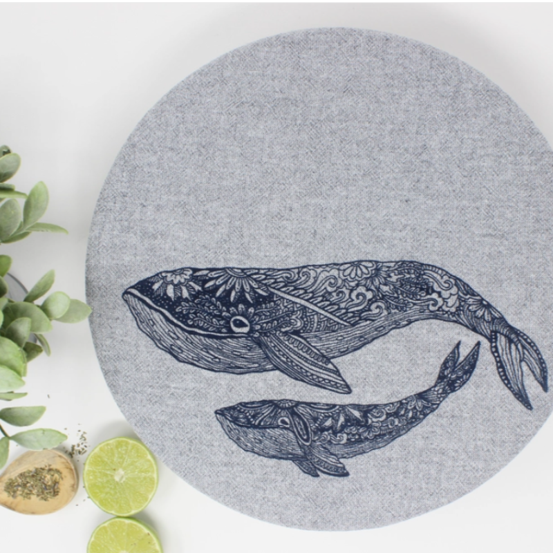 Beautiful whale print, reusable bowl covers. Hand Printed on GOTS organic cotton.