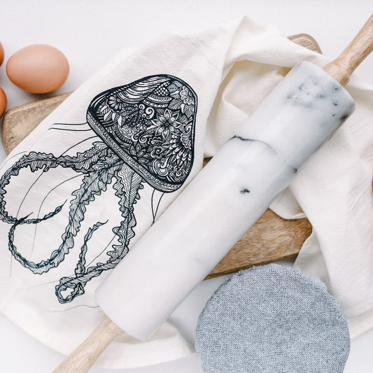 beautifully designed Jellyfish print tea towel is hand-printed on 100% GOTS organic cotton,