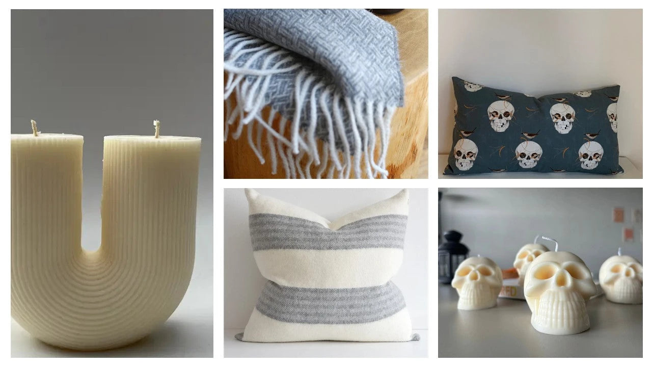 Create your fall aesthetic with beautifully designed soy candles and soft, cozy wool pillow covers, and throws. Don't forget your fall kitchen with European linen tea towels and napkins, sustainable and oh so thirsty!&nbsp;