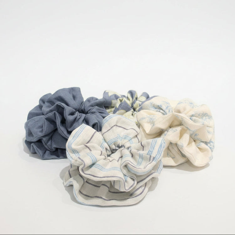 Linen  hair scrunchies in various patterns and colors (blue and white floral, blue and white stripes, solid cottage  blue,