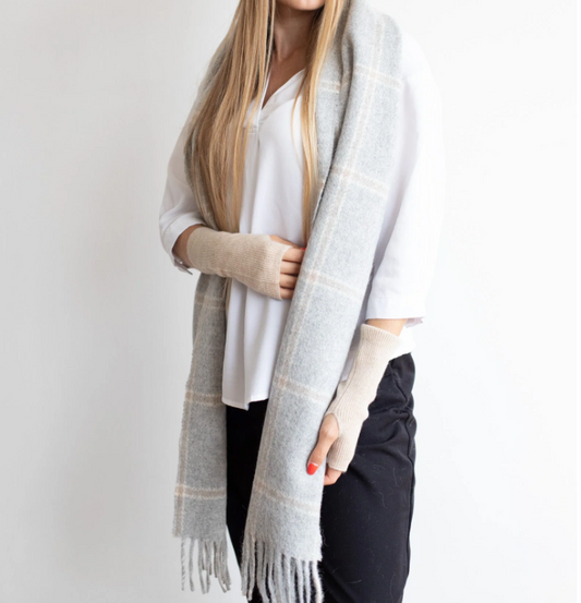 Soft Wool Scarf in Beige, Cream and Grey Plaid