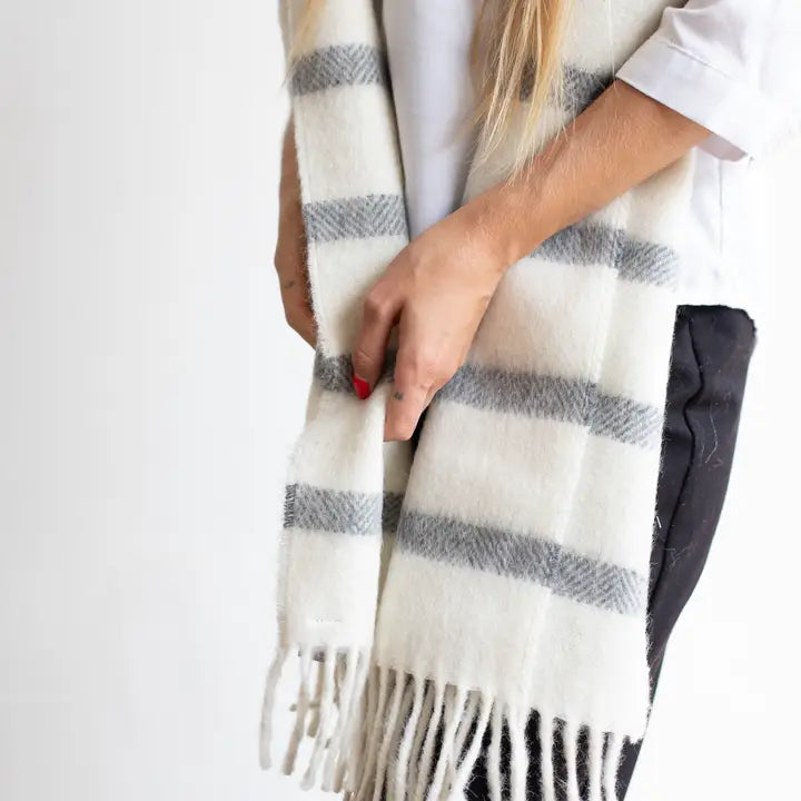 Soft Wool Scarf with Off White and Dark Grey Stripes