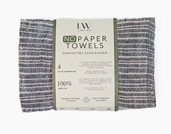 Amara NoPaper Towels bring sustainable style to your kitchen. Black with natural stripes, these towels are crafted in Canada from European Flax–certified 100% linen and stonewashed for softness. This set of 4 offers a durable alternative to disposables. Naturally absorbent and quick-drying, they're made to last for years. At 170 gsm weight, they're perfect for drying dishes or everyday kitchen tasks.&nbsp;