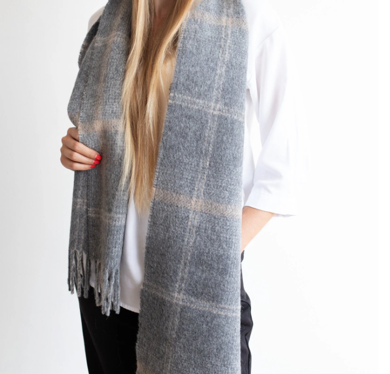 Soft Wool Scarf in Tan and Charcoal Grey Plaid