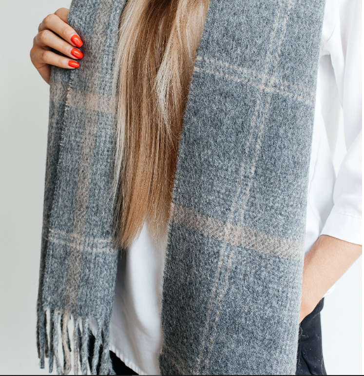 Soft Wool Scarf in Tan and Charcoal Grey Plaid