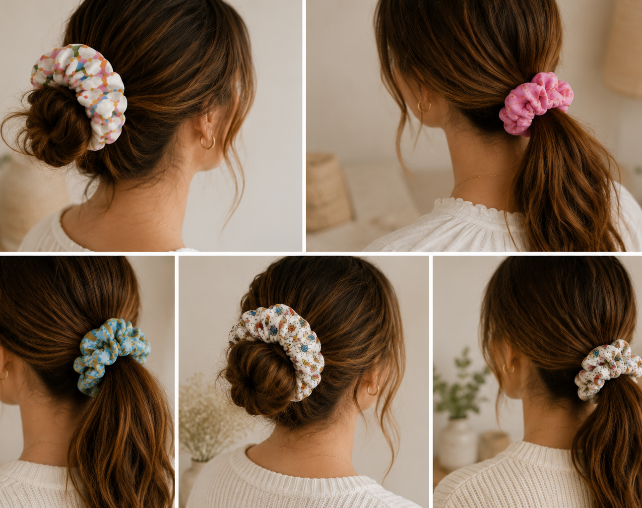 A woman from the back wearing different fabric scrunchies in her hair, including a floral multicolor one, a pink one, a light blue one, a turquoise-and-white patterned one.