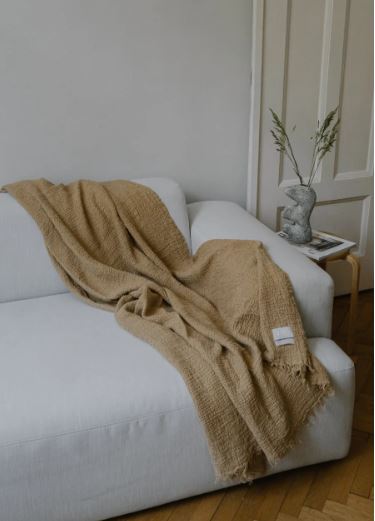 Stone-washed Linen Throw with Fringe - Grey, Chestnut and Sage Green