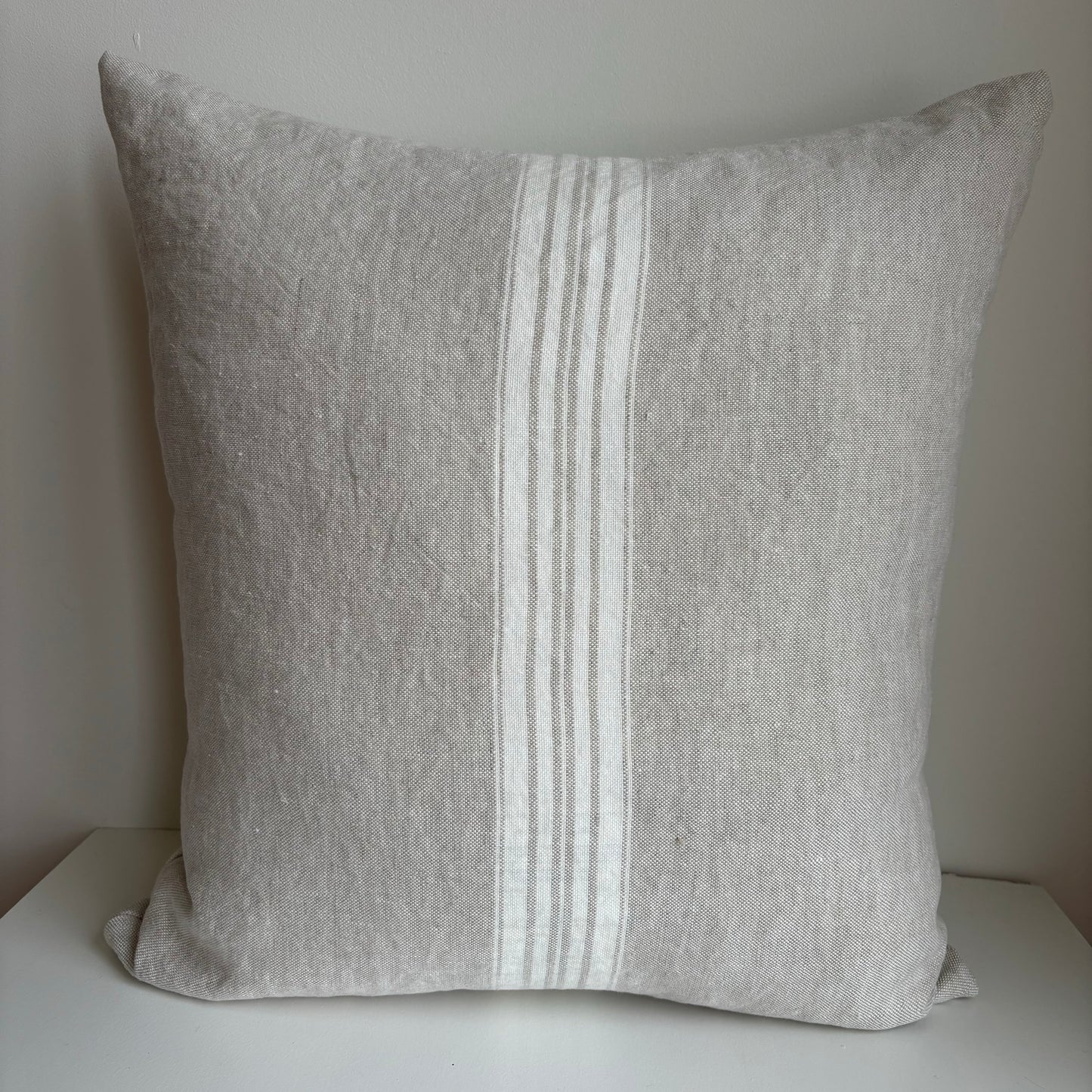 Stonewashed Linen Pillow 18 x18 - Beige with Cream Ticking Stripe and Exposed Zipper
