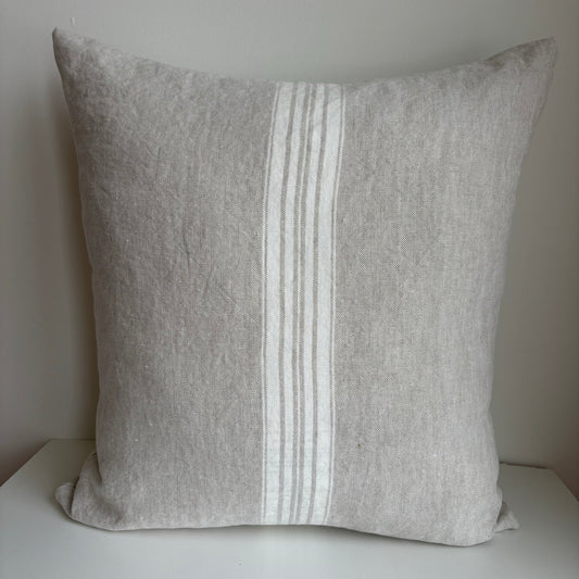 Stonewashed Linen Pillow 18 x18 - Beige with Cream Ticking Stripe and Exposed Zipper