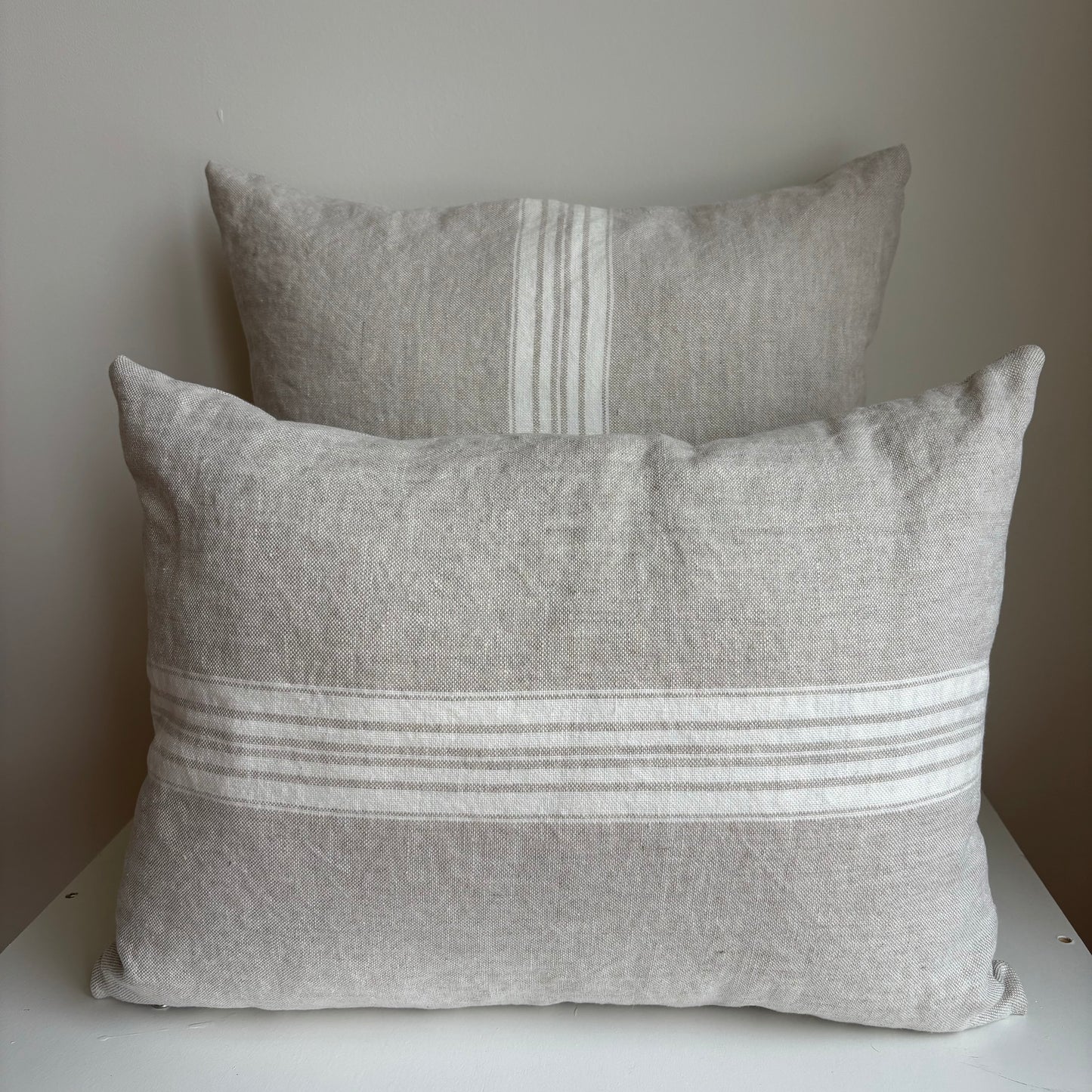 Stonewashed Linen Lumbar Pillow - Beige with Cream Ticking Stripe