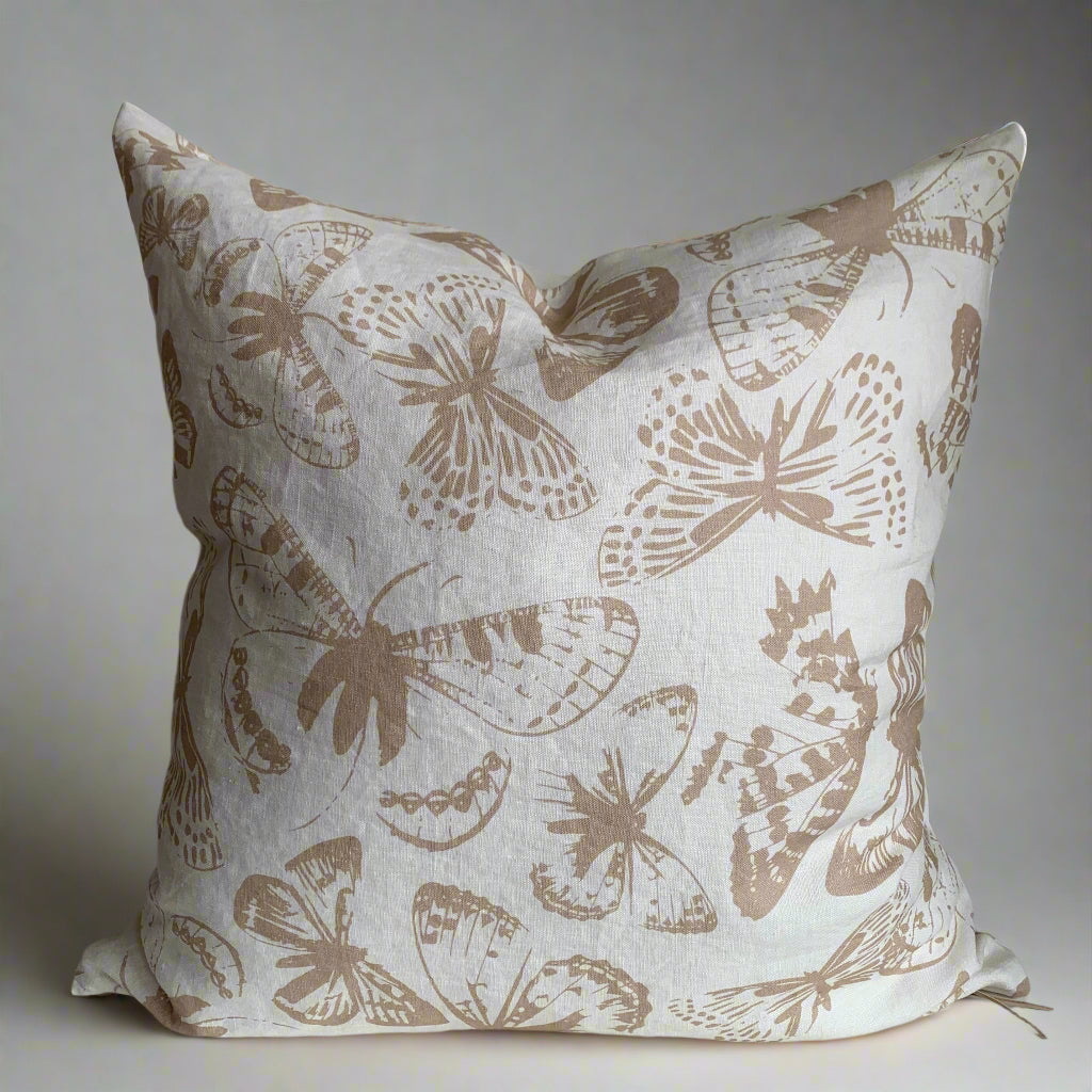 Luxurious yet casual, these lovely cream linen pillow covers are made in Canada with sustainable Oeko-Tex® certified linen fabric. The delicate caramel coloured butterfly design and exposed zipper make them a stunning addition to any home, office, or cottage.

Made to order. These pillow covers are handmade in Canada.
Pillow cover only&nbsp; and insert sold separately. Size: 20 x 20 inches