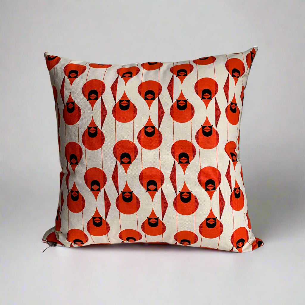 Charley Harper Cardinal Design , organic cotton canvas pillow in cream and red.  Exposed cream coloured YKK metal zipper with a leather suede pull.   22 x 22 inches