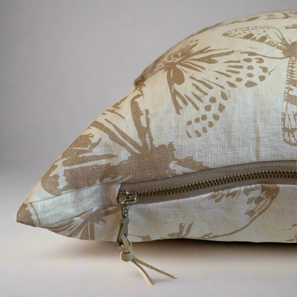 Papillon Motif Cream and Mocha Linen Pillow