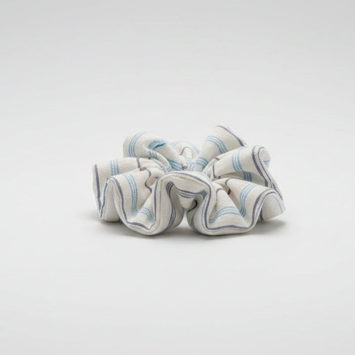  hair scrunchies in various patterns and colors (blue and white floral, blue and white stripes, solid cottage  blue, 
