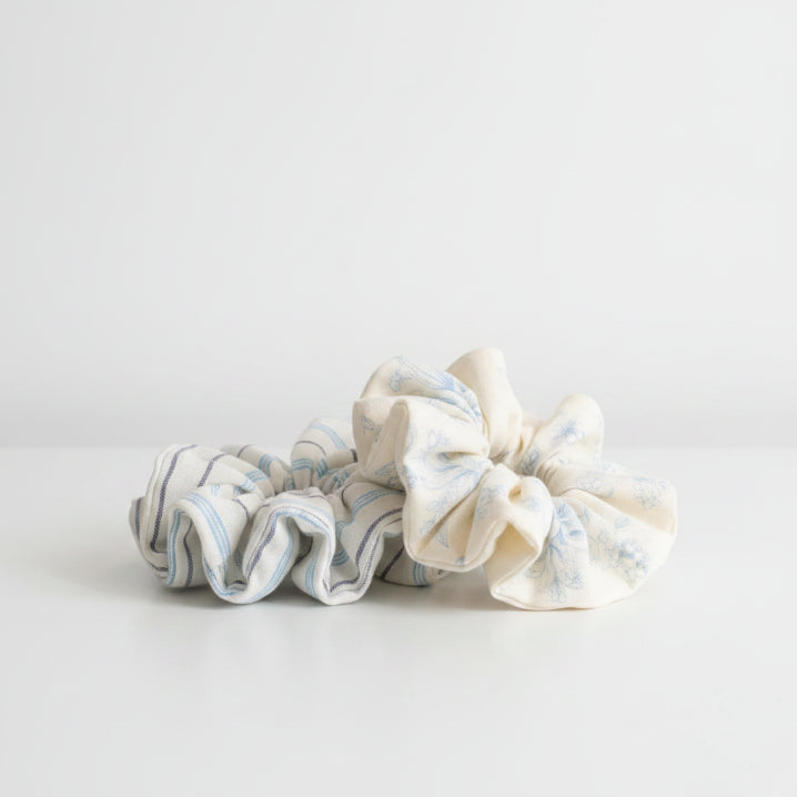 Linen  hair scrunchies in blue and white floral, blue and white stripes.