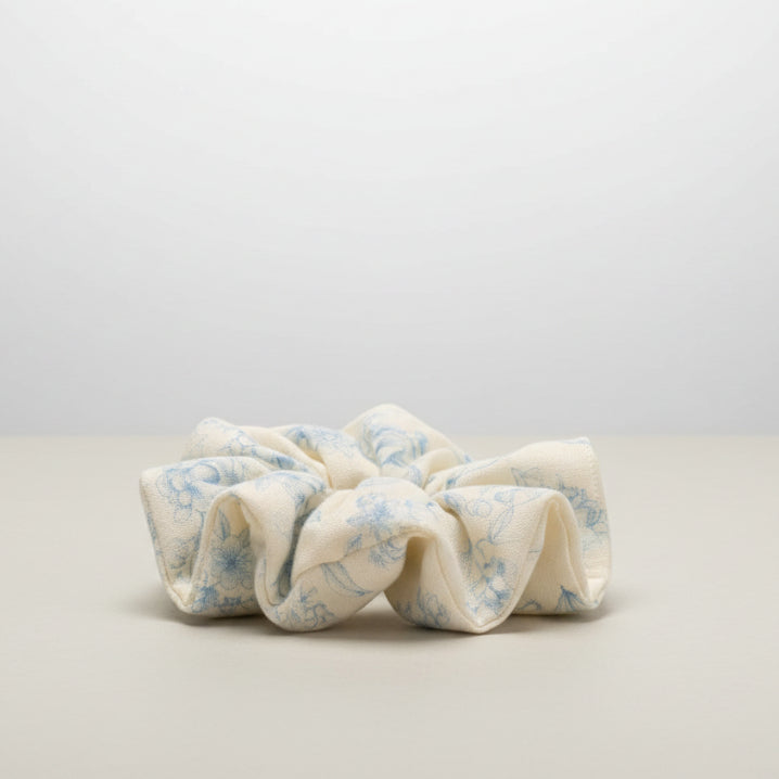 Linen hair scrunchies in  blue and soft white floral