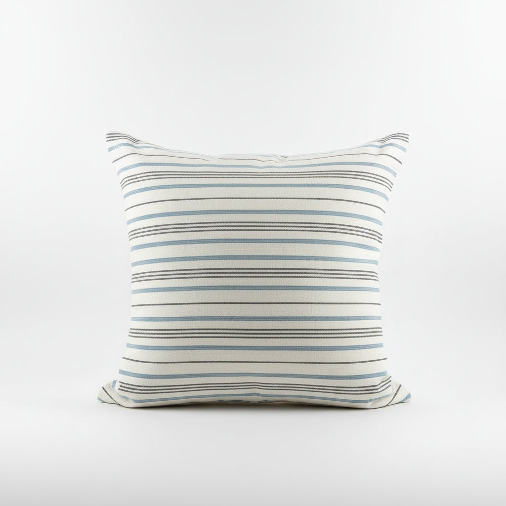 A square throw pillow with a striped pattern in light blue, navy on an off-white background,