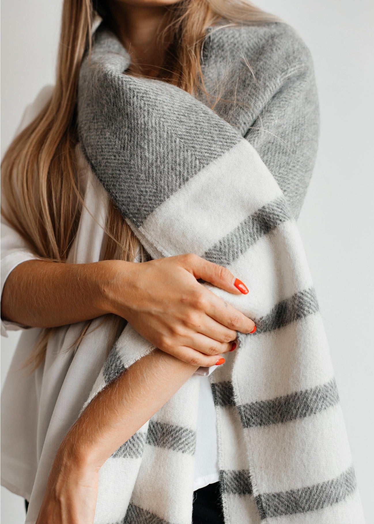 Soft Wool Scarf with Off White and Dark Grey Stripes