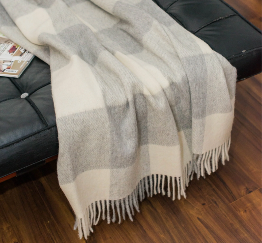 Soft and Sustainable Smoke and Ivory Wool Plaid Throw