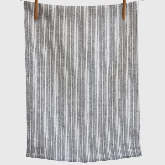 Absorbent, lint free and long lasting, this sustainable European linen with vertical stripes in different widths will work hard and look great in any space. The Sutton Collection made in Canada by Linen Way.