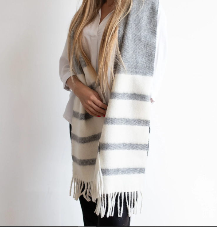 Soft Wool Scarf with Off White and Dark Grey Stripes