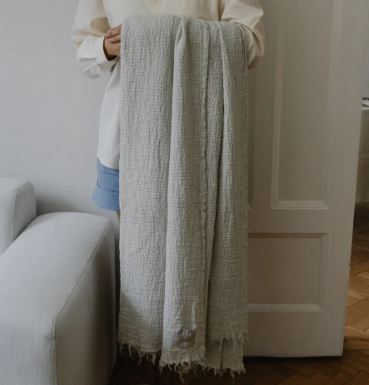 Stonewashed Linen Throw with Fringe - Sage Green, Grey and Chestnut
