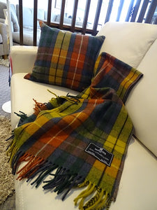 Soft Merino wool lap blanket in Antique Buchannan Tartan with beautiful fall colours Dimensions: 69″ x 31″ Matching Pillow 22 x 22 inches