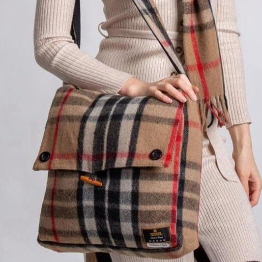 Messenger Bag in Thompson Camel Tartan Merino Wool 