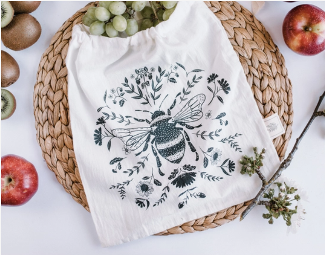 Reusable Produce Bags with Black Bee Motif-