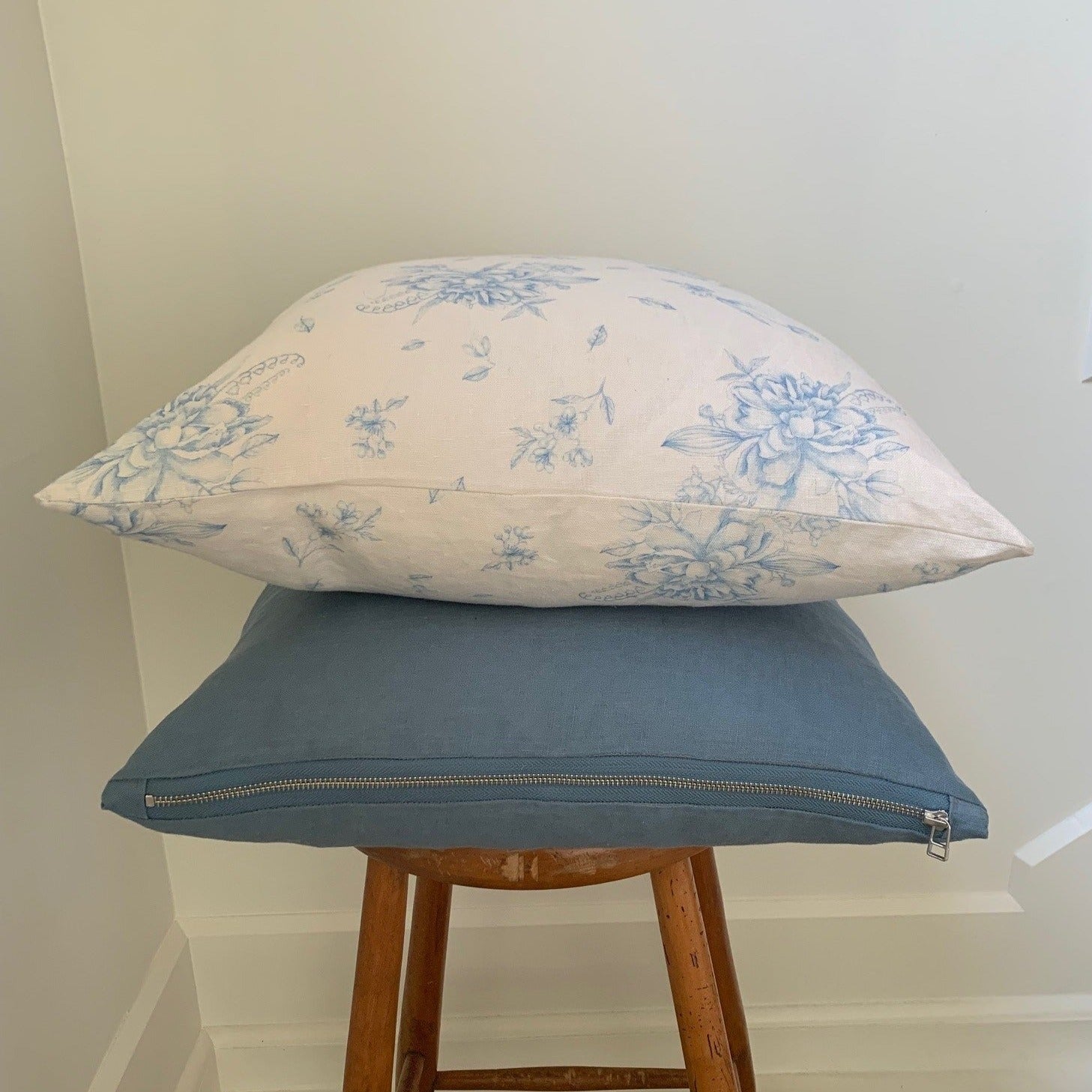 Country Blue linen pillow cover looks beautiful with the 100% linen Summer Florals pillow cover. 