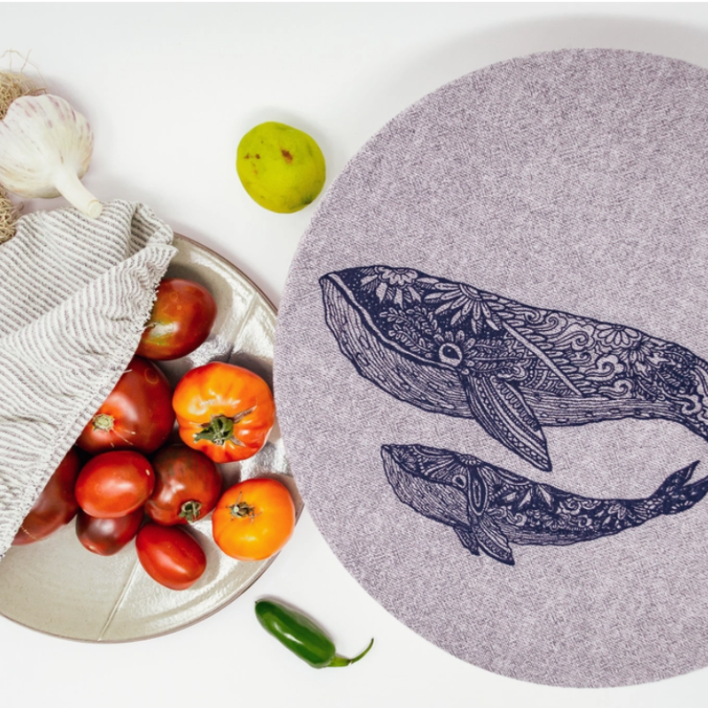 Beautiful whale print, reusable bowl covers. Hand Printed on GOTS organic cotton.
