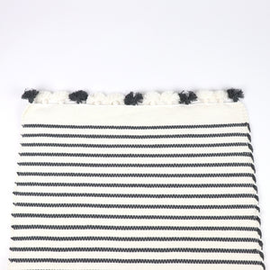 Ethically produced 100% cotton bath mat white with black stripes and small tassels