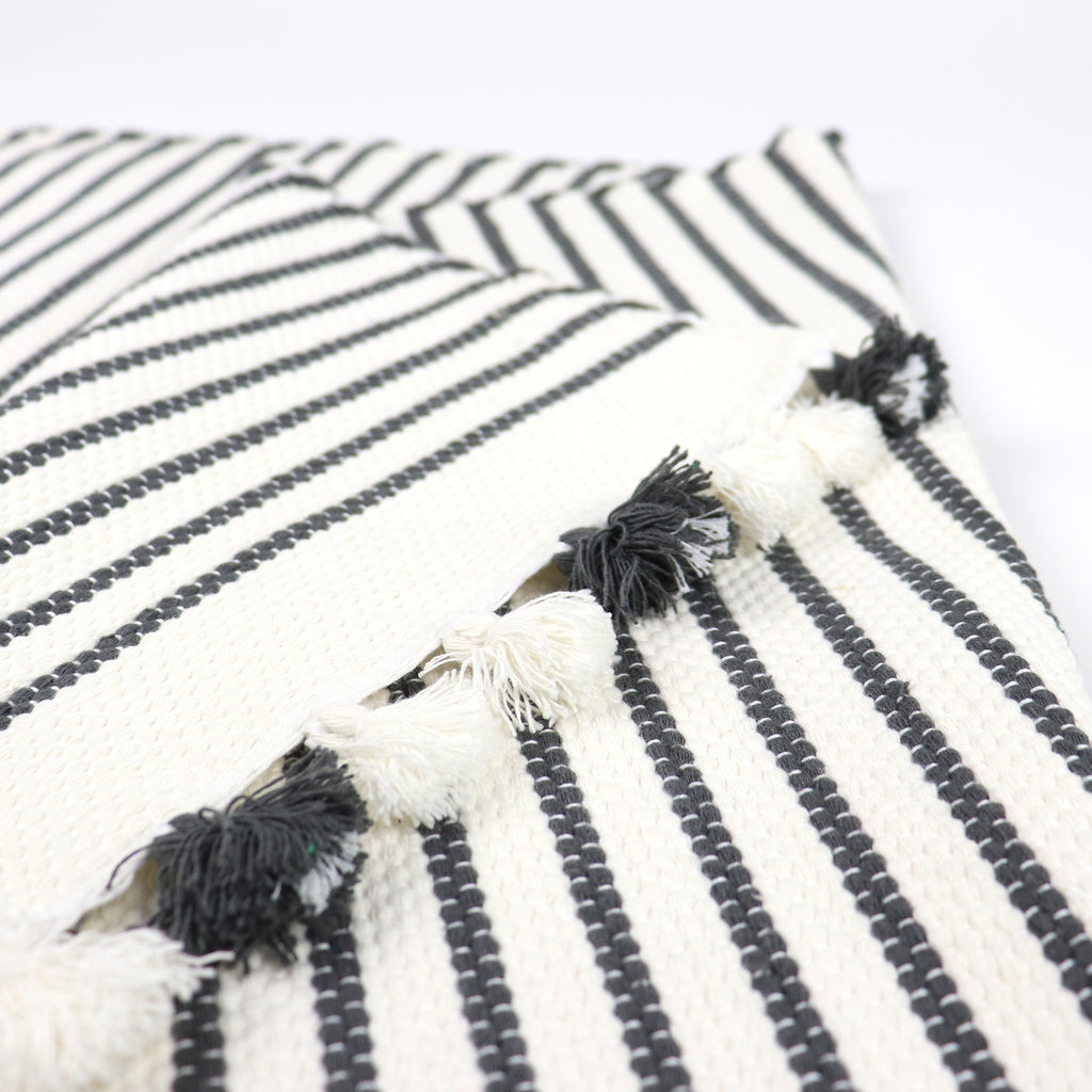 Ethically produced 100% cotton bath mat white with black stripes and small tassels