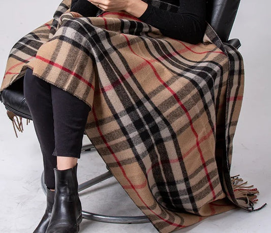 Cozy Wool Lap Blanket - Thompson Camel Tartan